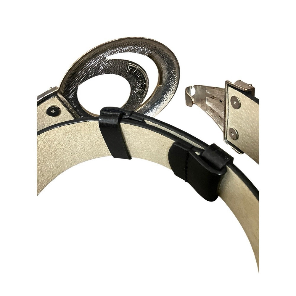 CHICOs Belt Leather Black Gold Silver Tone Hook Buckle Art To Wear Statement S/M - Picture 5 of 13